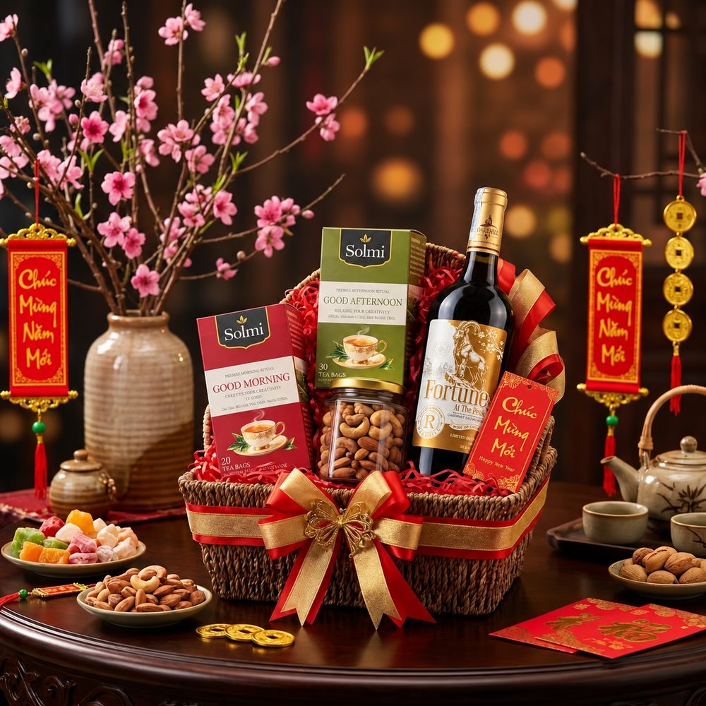 Giỏ quà Tết phối chai vang Chile Fortune At The Peak